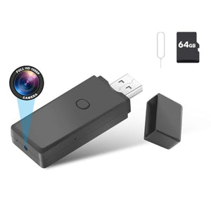 The SpyCam Flash Drive, shown with its cap off, includes a built-in hidden camera, a 64GB microSD card, and a SIM card ejector tool.
