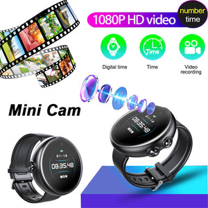 The Smart Watch SpyCam includes a mini camera with 1080P Full HD video, real-time sync, digital time display, and video recording features, illustrated by a film strip and lens imagery.
