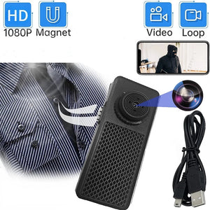The Advanced Shirt Button SpyCam, evoking the style of James Bond gadgets, includes a magnet, WiFi connectivity, night vision, video capability, and loop recording. Displayed with a USB cable, it offers discreet use in a shirt buttonhole for SpyCam enthusiasts.