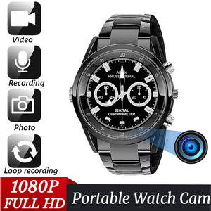 The 007 SpyCam Watch is a black digital chronometer wristwatch equipped with a hidden camera lens, offering features such as video recording, motion detection, photo capture, loop recording, and 1080P full HD.