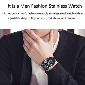 A person wearing a 007 SpyCam Watch, crafted from stainless steel and featuring a discreet mini camera as part of its sophisticated men's fashion design.