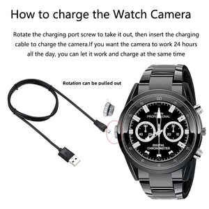 Diagram showing how to charge the 007 SpyCam Watch, including the watch, charging cable, and instructions for rotating the charging port screw before inserting the cable. This allows for simultaneous charging and use with motion detection capabilities.