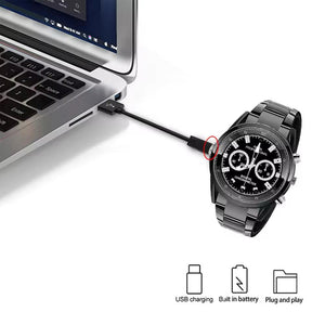 The 007 SpyCam Watch, in black, connects to your laptop via USB and features USB charging, a built-in battery, 1920x1080P HD video, and plug-and-play operation—ideal for discreet hidden camera recording.