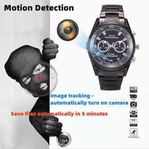 The 007 SpyCam Watch, featuring a hidden camera, is shown tracking a masked intruder; text highlights motion detection, automatic recording, file saving capabilities, and sharp 1920x1080P HD resolution.