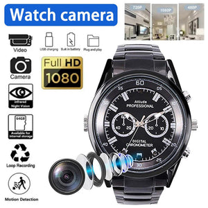 007 SpyCam Watch features a hidden camera, 1920x1080P HD resolution, night vision, motion detection, loop recording, USB charging, and supports up to 64GB storage.