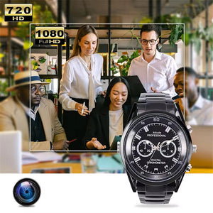 Four people collaborate in an office as a 007 SpyCam Watch is displayed in the foreground, featuring 720p and 1080p HD labels and a camera icon.