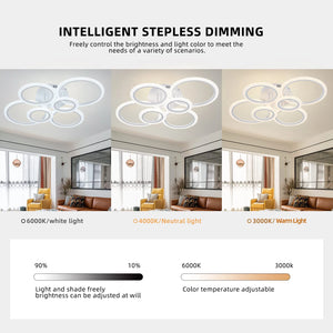 Three images display the Smart Circle Ceiling Light in a living room, demonstrating its adjustable brightness and color temperature settings from cool white (6000K) to neutral (4000K) to warm light (3000K).