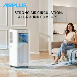 A woman relaxes on a sofa with a mug in her living room, next to the Powerful Air Conditioner. Text on image: "Strong air circulation. All-round comfort for modern homes.