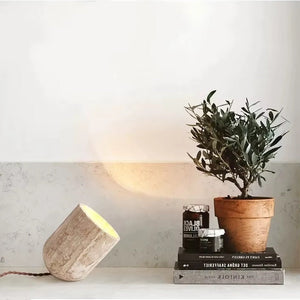 A small potted plant sits on stacked books next to the Natural Stone Lamp, its light casting warm glows across a white wall.