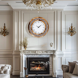 A Modern Luxury Roman Numerals Wall Clock hangs above a white marble fireplace in an elegant living room adorned with gold accents.