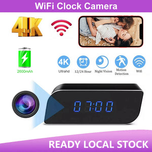 SpyCam Camera Clock with 4K resolution, 2600mAh battery, motion detection, night vision, and digital time display. Icons and stock availability are shown.