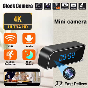 The SpyCam Camera Clock offers 4K Ultra HD, WiFi, audio, motion detection, and night vision features. Displayed with promo icons and a "Fast Delivery" label, it's perfect as a discreet hidden camera for your home or office.