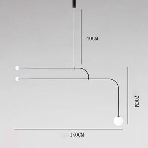The Minimalist Line Light is a sculptural lighting piece with a black pendant, three curved arms, and spherical bulbs. It showcases modern elegance with dimensions of 140cm wide, 70cm high, and a 40cm drop against a white background.