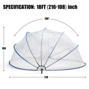 Large Above Ground Pool Cover with blue trim, shown fully open and labeled with measurements: 18 feet diameter, 108 inches height, and 216 inches base width. A 180-degree angle is illustrated above the structure. This versatile transparent dome can also function as a clear pool cover or dome shelter.