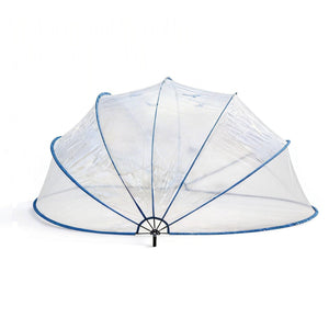 Large Above Ground Pool Cover with a blue trim, featuring a transparent umbrella-shaped design to protect food outdoors. Similar to a clear dome pool cover or transparent pool enclosure, this cover ensures full visibility while safeguarding your dishes. It is shown open and displayed against a plain white background.