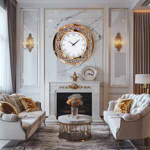 A luxurious living room with white and gold decor features the Modern Luxury Roman Numerals Wall Clock above a white marble fireplace and elegant furnishings.
