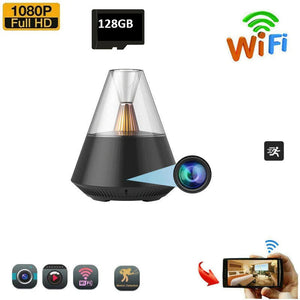 The Essential Oil Diffuser SpyCam is a black, cone-shaped HD 1080P WiFi IP camera with 128GB storage, motion detection, and remote monitoring—discreetly designed to blend in as an essential oil diffuser, icons and text displayed.