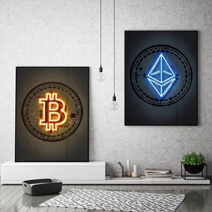 A modern living room features two striking neon art pieces: a glowing Bitcoin symbol on the left and a Frameless Ethereum Print, illuminated, on the right—both hanging on a gray wall.