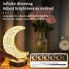 A Crystal Table Lamp shaped like a crescent moon rests on a nightstand, with text highlighting its adjustable brightness feature as a hand presses its base to demonstrate the touch control functionality.