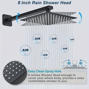 Diagram of an 8-inch square Black Wall Mounted Switch & Handheld Shower, featuring water streams, clearly labeled air gaps, and a close-up view of the easy clean spray holes. The illustration highlights its sleek matte black design, perfect for modern bathrooms.