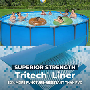 Eight people relax in the Outdoor Swimming Pool; a diagram shows its steel frame and Tritech liner, which offers 83% greater puncture resistance than standard PVC.