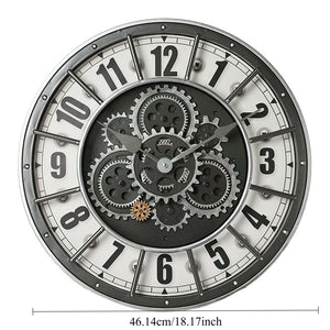 The Industrial Gearworks Wall Clock features exposed gears, a black and white face, large black numbers, and measures 46.14 cm (18.17 inches) in diameter.