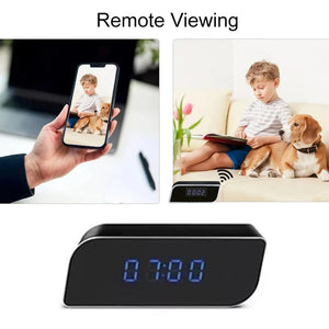 The SpyCam Camera Clock with motion detection streams live footage of a boy and a dog to your phone, showcasing its remote viewing feature.