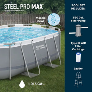 The Above Ground Swimming Pool Set includes a mosaic-print pool, ladder, filter pump, and cartridge. Its corrosion-resistant steel frame ensures durability and holds up to 1,915 gallons. All set components are shown on the right.