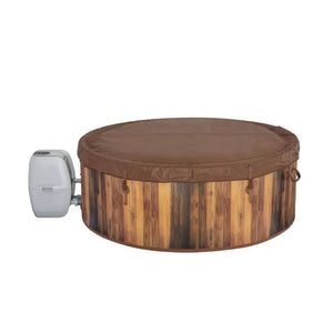 Outdoor Spa Hot Tub with a round design, brown cover, wood-patterned exterior evoking traditional cedar hot tubs, and an attached control unit conveniently positioned on the left side.
