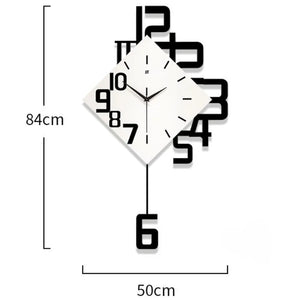 The Minimalist Numeric Wall Clock features overlapping black numbers, a white diamond-shaped face, and a large "6" pendulum. Measuring 84cm high by 50cm wide, it’s ideal for adding modern style to your contemporary space.