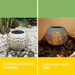 Split image showcasing the Solar Orb Lamp: the left side shows it charging outdoors on white stones during daylight, while the right side captures its warm orange glow at night. Captioned text on both sides highlights this stylish Solar Orb Lamp as the perfect addition to your outdoor space.