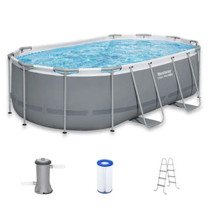 The Above Ground Swimming Pool Set features a modern oval design with a corrosion-resistant steel frame. Shown below are images of the included filter pump, filter cartridge, and ladder.
