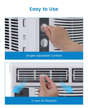 A person uses the Window Air Conditioner, adjusting the temperature knob and directing airflow with easy controls and efficient 2-way air direction, perfect for cooling small rooms.