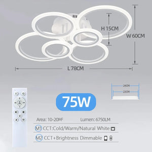 Smart Circle Ceiling Light, a modern LED fixture with 75W power, features remote control, adjustable color temperature and brightness, dimensions as shown, and is suitable for lighting areas of 10-20㎡.