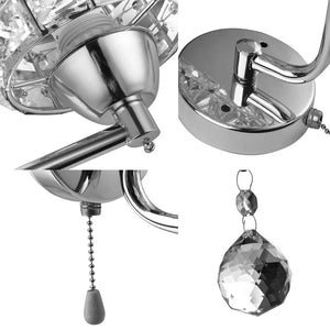 Close-up collage of the Luxury Cylinder Wall Light, showcasing its metallic base, switch, pull chain, and faceted crystal pendant—an elegant example of high-end lighting.