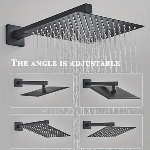 The Black Wall Mounted Switch & Handheld Shower is featured from various angles, highlighting its adjustable tilt and consistent water flow. With a matte black finish, this shower set brings a sleek, modern look to any bathroom. White text on the image reads, “The angle is adjustable.”.