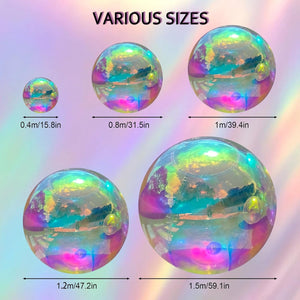 Five Inflatable Gazing Balls in sizes 0.4m, 0.8m, 1m, 1.2m, and 1.5m are shown on a pastel gradient background—ideal as vibrant garden decor or fun pool accents.