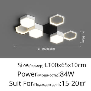 The Hexagonal Ceiling Light features five LED hexagons, measures 100x65x10 cm, uses 84W, and is ideal for lighting 15–20 sqm rooms with a modern geometric style.
