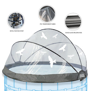 The Large Outdoor Above Ground Pool Cover features a transparent clear dome with bird silhouettes, installed over a round pool; detail insets highlight the use of metal stents, PVC fabric, and welding rods—making it an ideal outdoor pool dome solution.
