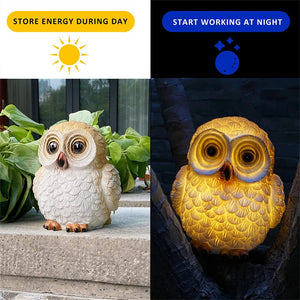 Two photos of the Solar Owl Light: on the left, it sits in daylight with a sun icon and the text “Stores energy during day”; on the right, it glows at night with a moon icon and the text “Starts working at night.” This charming Solar Owl Light is perfect as outdoor solar décor.