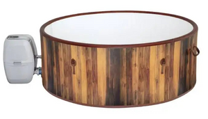 The Outdoor Spa Hot Tub features a spacious round design with a wood-patterned exterior and an attached metal heater unit on the left side, blending the classic charm of traditional cedar hot tubs with contemporary comfort and relaxation.