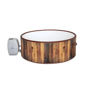 Introducing the Outdoor Spa Hot Tub—a round, freestanding outdoor spa with a charming wood-patterned exterior inspired by the timeless appeal of classic cedar hot tubs, and equipped with an attached silver-colored heating unit on the side.