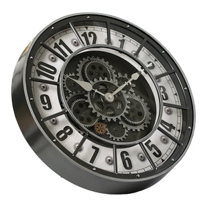 The Industrial Gearworks Wall Clock features a round metallic frame, exposed decorative gears at the center, and bold black numbers on a white background.