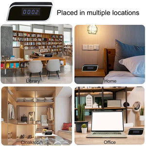Four images show a SpyCam Camera Clock in a library, bedroom, cloakroom, and office—demonstrating its versatility for discreet surveillance in multiple settings.