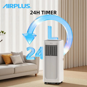 A sleek white Powerful Air Conditioner by AIRPLUS stands beside a sofa in a modern living room, with a bold "24H TIMER" graphic above—ideal for modern homes wanting stylish comfort and convenience.