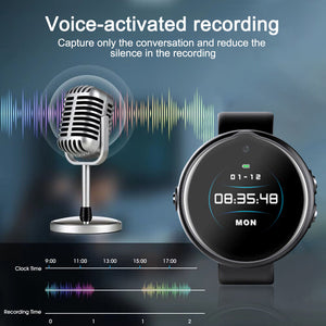 The Smart Watch SpyCam, featuring a vintage microphone and vivid soundwaves, displays the time and date while offering 1080P Full HD voice-activated recording for discreet continuous use.