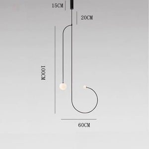 The Minimalist Line Light features a sculptural design with a black curved metal rod, supporting two spherical bulbs. The fixture measures 100cm tall and 60cm wide, with sections of 20cm and 15cm, creating a striking modern presence.