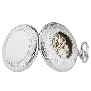 The Silvery Pocket Watch features ornate engravings and an open skeleton dial that reveals its intricate internal gears and mechanisms.
