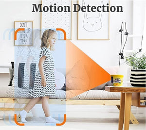 A child walks through a room with an overlay demonstrating motion detection technology. The room, subtly monitored by a Fake Decorative Display SpyCam, is decorated with framed posters, a bench, and a potted plant.