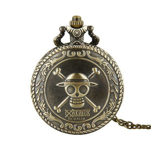 The Skeleton Pocket Watch displays the One Piece skull and crossbones with a straw hat, encircled by a decorative border and includes a classic chain—ideal for anime pocket watch collectors.